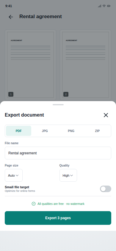 Named exports screen in Cam PDF Scan Signer QR Gen