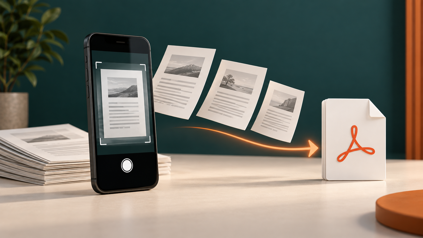A smartphone capturing several paper pages and producing one clean PDF
