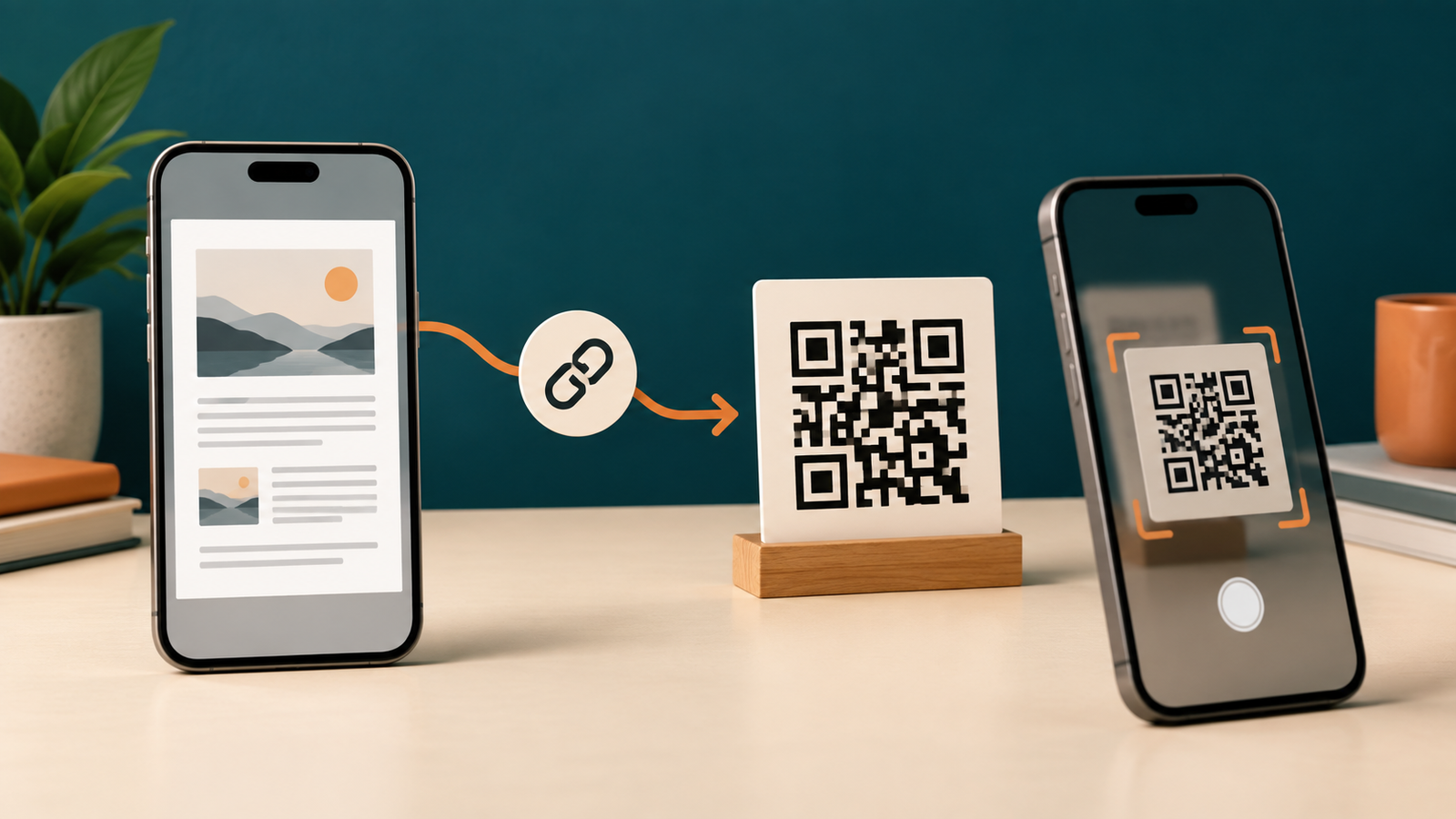 A PDF link flowing into a QR code that opens on a second phone