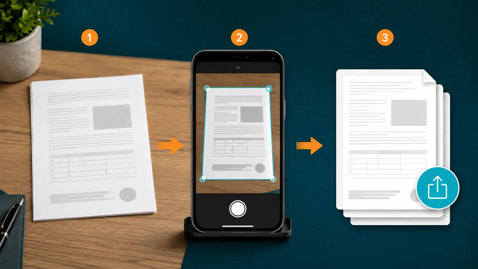 Three-step sequence showing an original paper document, phone capture, and clean PDF export