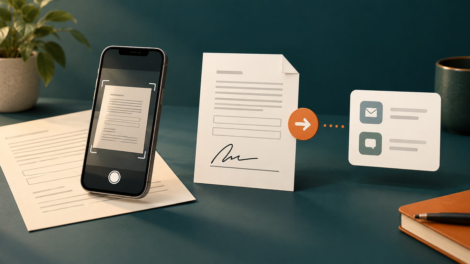 A phone scanning a form, adding a signature, and sending a finished PDF