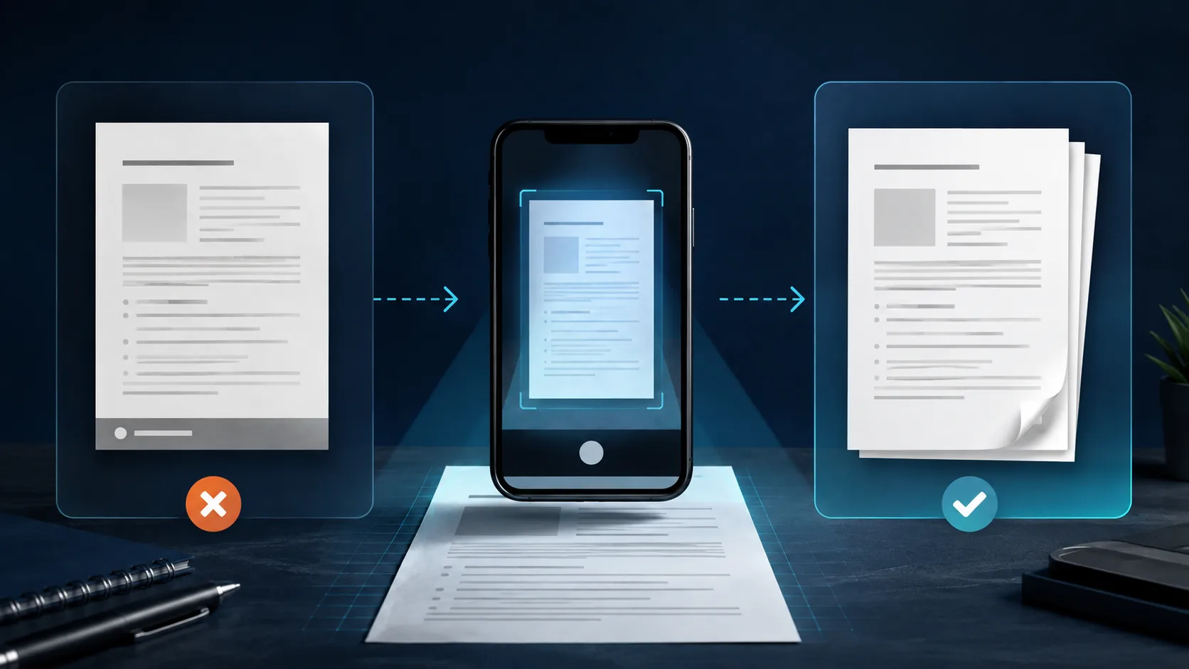 A document with a generic footer mark moving through a phone scanner into a clean PDF