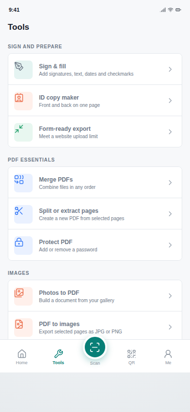 Document tools screen in Cam PDF Scan Signer QR Gen