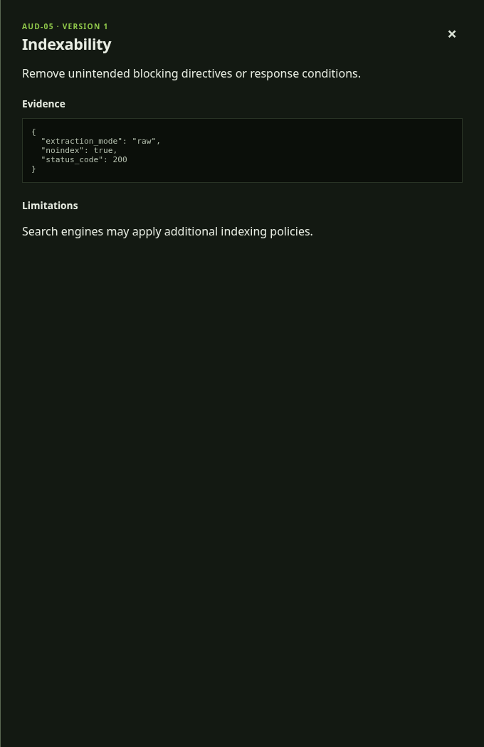 SEO Screaming Toad rule explanation preserving evidence, remediation, and limitations for the indexability observation
