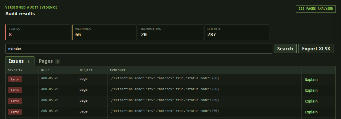 Eight noindex filter URLs shown as indexability errors for human review